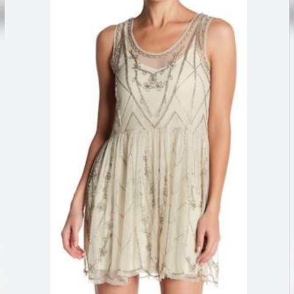 Free People Dresses & Skirts - Free People Sheer Mesh Beaded Art Deco Mini Dress Sleeveless Eras Boho Large